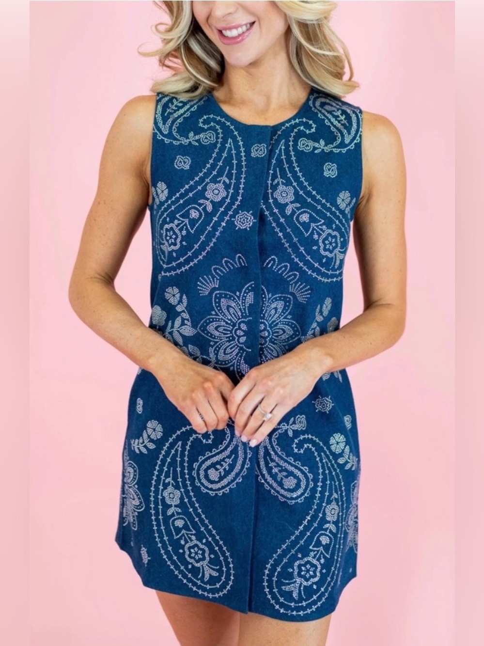 Queen of Sparkles Denim Rhinestone Paisley Mini Dress NWT Large
